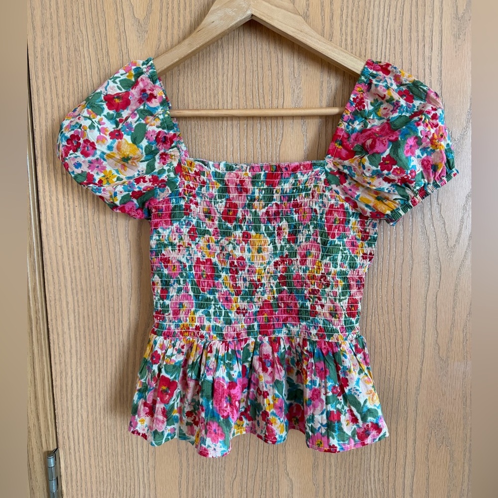 REBELLION EUC Floral Cottagecore Smocked Soft Girl Spring Blouse Women’s Size XS